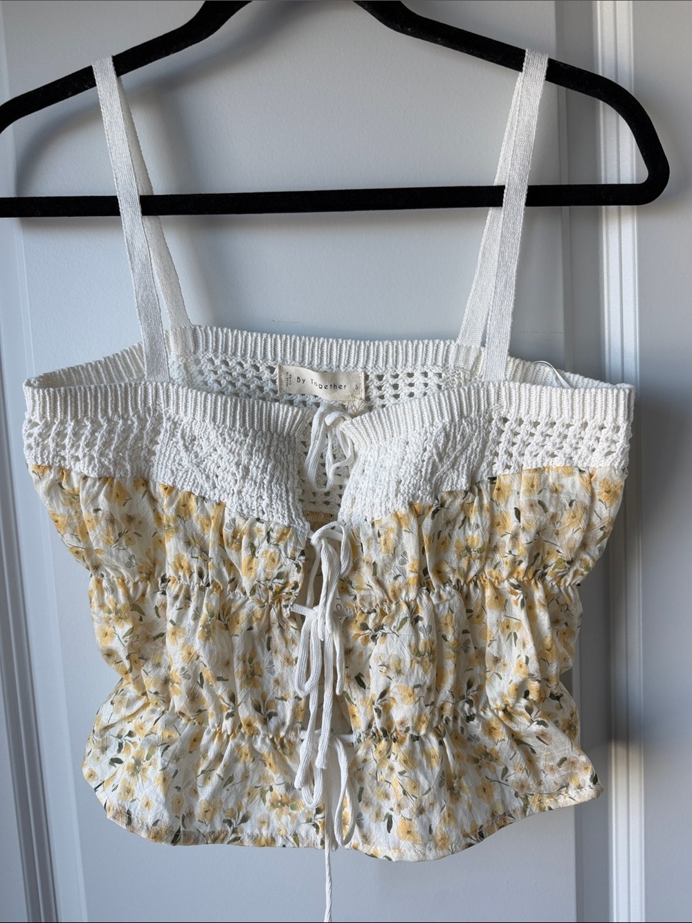 By Together White & Yellow Floral Crocheted Smocked Camisole